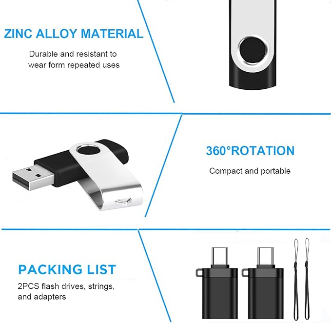 EASTBULL 5 Pack of 4GB USB 2.0 Flash Drives with 5 USB-C Adapters and Keychains, High Speed USB Drives 360 Rotatable Swivel Thumb Drives 4GB (5Pcs, Black)