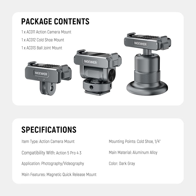 NEEWER Action Camera Accessories Kit Compatible with DJI Osmo Action 5 Pro/4/3, Cold Shoe Mount, Quick Release Magnetic Mount & Ball Head Adapter, AC011+AC012+ AC013, Dark Gray