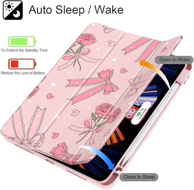 Tuiklol for iPad Pro 12.9 Inch 6th/5th/4th/3rd Generation 2022 2021 2020 2018 Case,Built-in Pencil Holder Clear Transparent Protective Back Shell Cover with Auto Sleep/Wake, Bow & Rose
