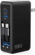 USB C Charger Block 120W with Built-in 2 Retractable Cables,4-in-1 GaN IV Charger Fast Charging Foldable Plug Wall Charger,PD 65W Laptop Charger for MacBook,iPad,iPhone 17/16/15/14,Galaxy,Android etc