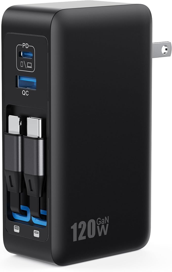 USB C Charger Block 120W with Built-in 2 Retractable Cables,4-in-1 GaN IV Charger Fast Charging Foldable Plug Wall Charger,PD 65W Laptop Charger for MacBook,iPad,iPhone 17/16/15/14,Galaxy,Android etc