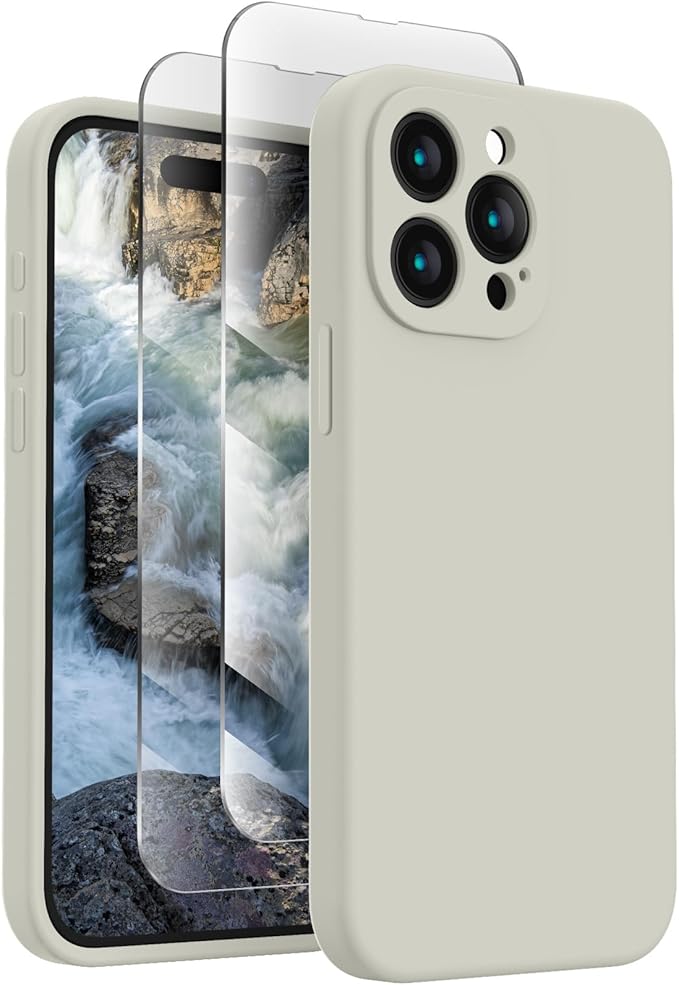 FireNova Designed for iPhone 15 Pro Case, Silicone Upgraded [Camera Protection] Phone Case with [2 Screen Protectors], Soft Anti-Scratch Microfiber Lining Inside, 6.1 inch, Stone
