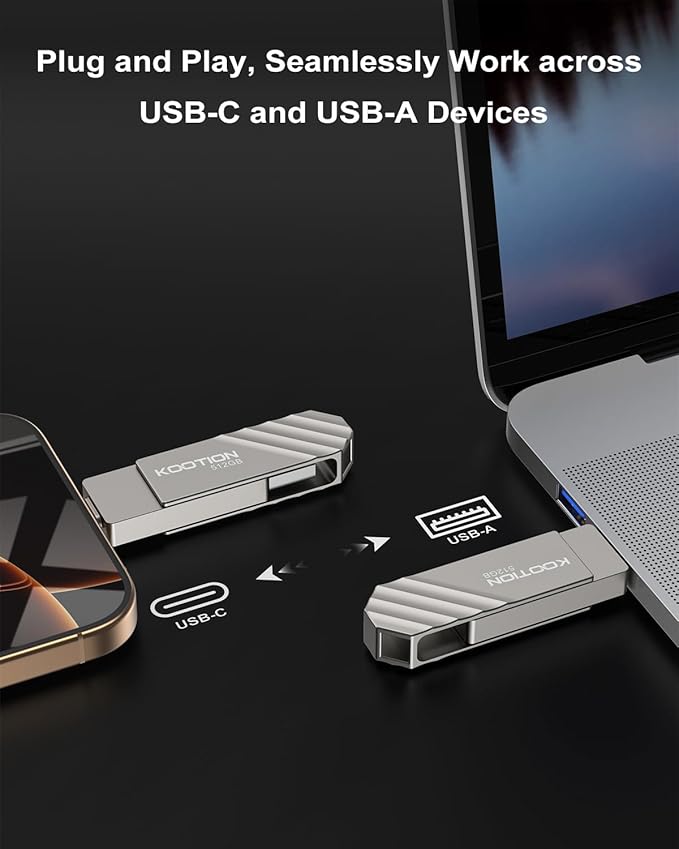 KOOTION USB 3.2 Flash Drive 512GB, Up to 450 MB/S Read Speed USB C Memory Stick, Dual USB C Thumb Drive with USB Type-C and USB A, Swivel Metal Pen Drive for Smartphones/Tablet/Laptop/Mac/Car/TV