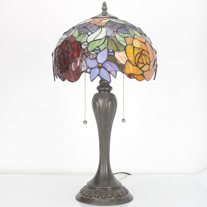 WERFACTORY Tiffany Lamp Stained Glass Table Lamp Red Rose Flower Bedside Desk Reading Light 12X12X22 Inches Decor Bedroom Living Room Home Office S001 Series