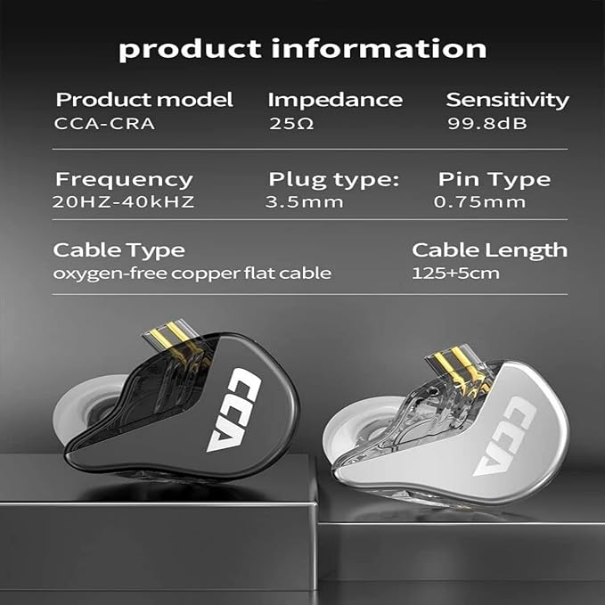 in Ear Monitor CCA CRA Ultra-Thin Diaphragm Dynamic Driver IEM Earphones Bass Earbuds with 2Pin Removable Cord,Compatible with iPhone Android,iPad MP3, Fits All 3.5mm Interface Devices(Silver)