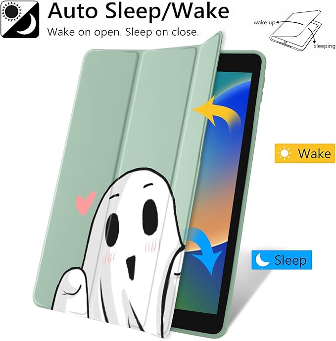 JOYLAND Cute Funny Ghost Pattern Case for iPad Pro 11" 4th/3rd/2nd/1st Generation (2022/2021/2020/2018), Clear Acrylic Hard Back Case with Pencil Holder Trifold Stand Tablet Cover
