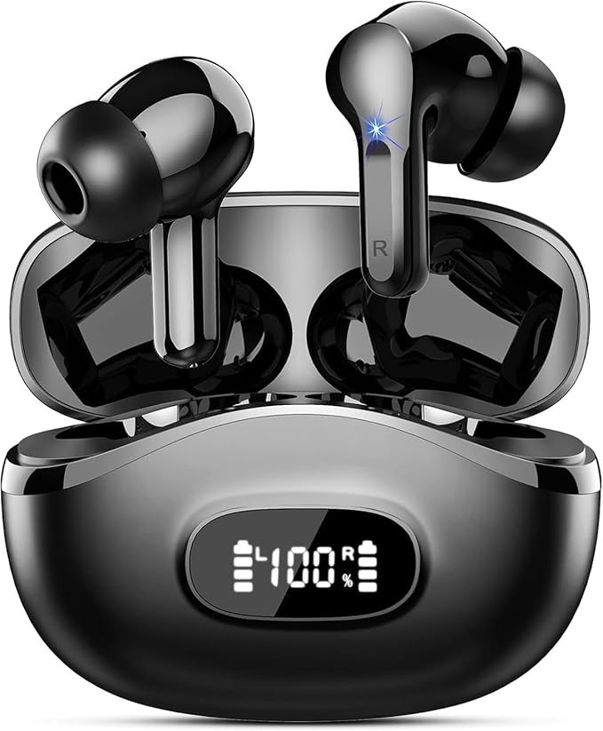 Wireless Earbuds, Bluetooth Headphones 5.4 HiFi Stereo, Ear Buds with 4 ENC Noise Cancelling Mics, 48H Bluetooth Earbuds with Dual LED Display, IP7 Waterproof in Ear Earphones for Android iOS, Black