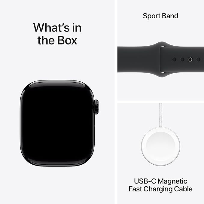 Apple Watch Series 10 [GPS 42mm] with Jet Black Aluminium Case with Black Sport Band - S/M. Fitness Tracker, ECG App, Always-On Retina Display, Water Resistant with AppleCare+ (2-years)