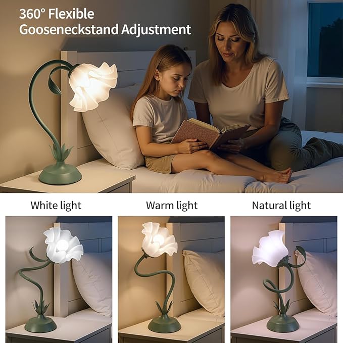 Flower Table Lamp for Bedroom, 3 Colors Flower Reading Light with E26 Bulb, Cute Lily Desk Lamp Bedside Lamps for Nightstands Home Decor, Adjustable Flexible DIY Floral Lamps for Living Room Office