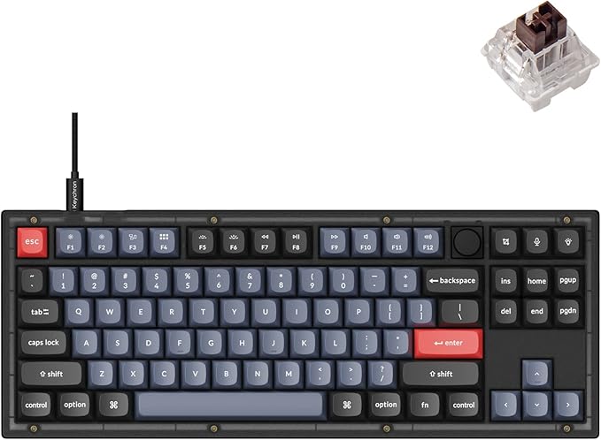 Keychron V3 Wired Custom Mechanical Keyboard Knob Version, TKL QMK/VIA Programmable Macro with Hot-swappable Keychron K Pro Brown Switch Compatible with Mac Windows Linux (Frosted Black-Translucent)
