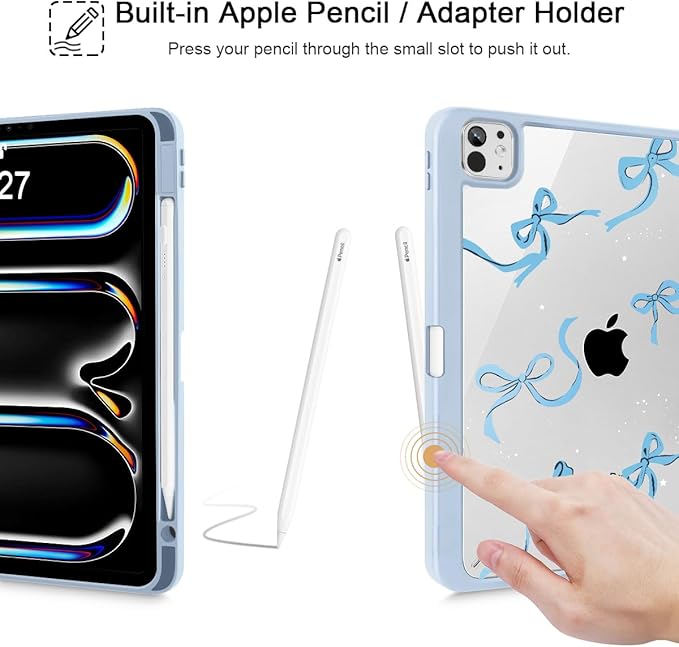 May Chen Case for iPad Pro 11-Inch M5/M4 2025/2024 (6th/5th Generation), Clear Transparent Print Back Shell Slim Stand Shockproof Tablet Cover, Auto Wake/Sleep, Bows Blue