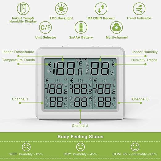 KeeKit Indoor Outdoor Thermometer, Digital Hygrometer Meter Gauge with 3 Wireless Sensors, Temperature Humidity Monitor with LCD Backlight, Min/Max Record for Home, Office, Restaurants, Bars, Café