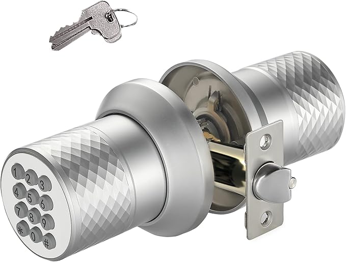 Buoan Electronic Keypad Door Knob, Smart Keyless Entry Door Knobs, Code, Anti-Slip Handle, 2.5s Auto Lock, Waterproof Door Lock, Easy to Install for Home, Office, Apartments and Garage Silver