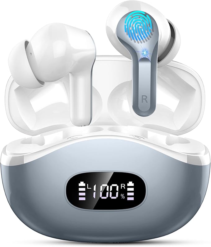 Wireless Earbuds, 48Hrs 2026 Bluetooth Headphones, Hi-Fi Stereo Deep Bass Ear Buds, ENC Noise Cancelling Mic, Clear Calls, IP-X7 Waterproof, USB Sport Earphones in Ear for Phones Laptop Pad, Gray