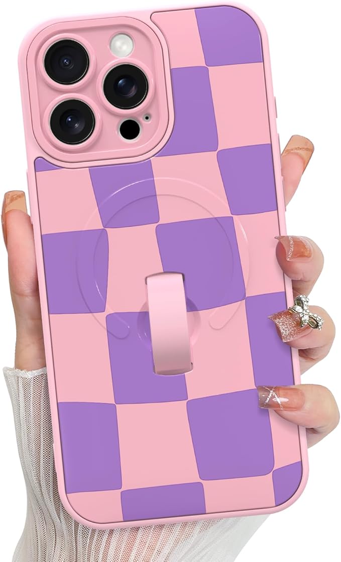 KANGHAR Compatible with iPhone 15 Pro Case, Support for MagSafe, Silicone Checkered Cute Pattern, Wristband Kickstand Camera Protection Soft Slim Cover for Girls Women -Pink
