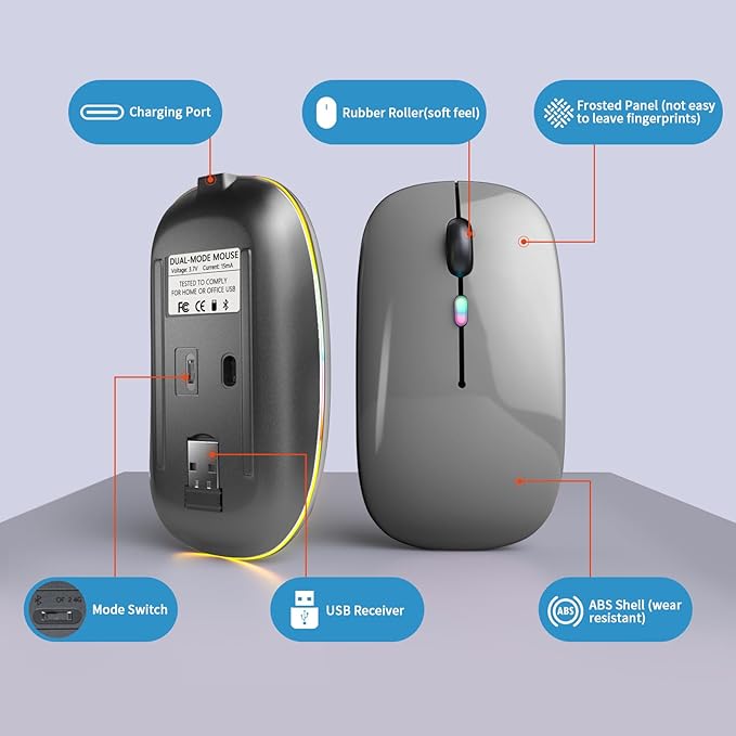 Wireless Bluetooth Mouse, Rechargeable, LED, Silent, Ultra-thin Design (Bluetooth 5.2 and 2.4GHz USB Receiver) | Portable Computer Mouse for Laptops, iPads, MacBooks and Apple Devices (Grey)