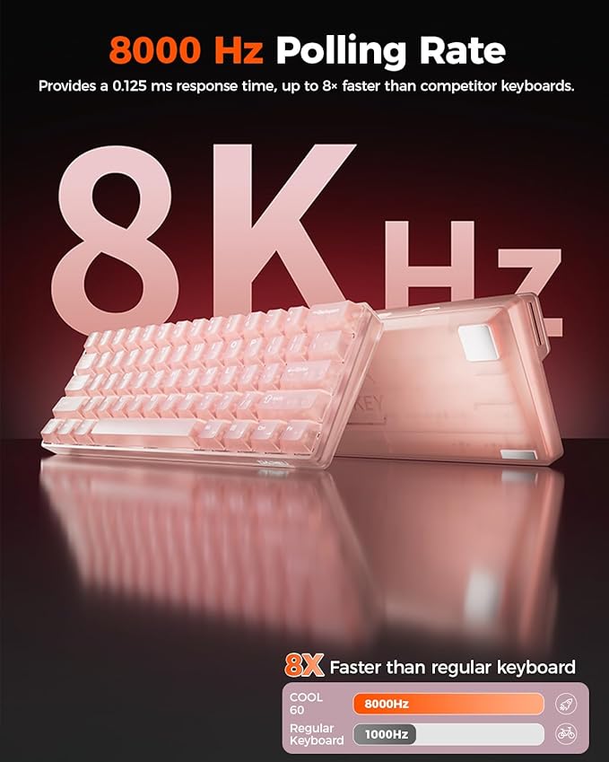 DAREU COOL60 60% Hall Effect Gaming Keyboard with Magnetic Switch, SOCD, 0.01mm Actuation Adjustable Rapid Trigger,8000 Hz Polling, Frosted Transparent Keycaps, Hot-swap, RGB Backlit