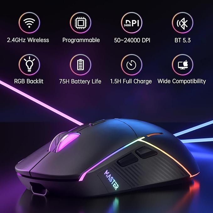 FFJ Wireless Gaming Mouse, 24000 DPI, Tri-Mode 2.4G/USB-C/Bluetooth 5.3 Gaming Mouse Wireless, RGB Programmable Mouse Gamer, 75Hrs Battery Life, Rechargeable Gaming Mice for PC, Mac, Black