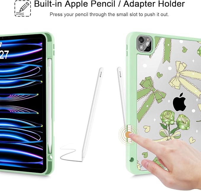 Tuiklol for iPad Pro 12.9 Inch 6th/5th/4th/3rd Generation 2022 2021 2020 2018 Case,Built-in Pencil Holder Clear Transparent Protective Back Shell Cover with Auto Sleep/Wake, Bow & Rose Green