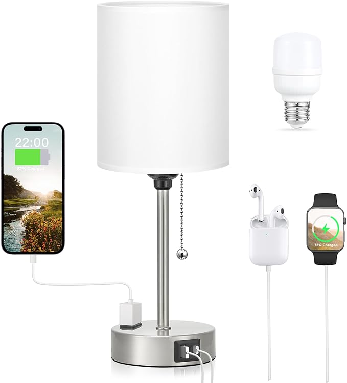 White Bedside Lamp for Bedroom - 3 Color Temperatures Desk Lamp with USB C and A Ports, Pull Chain Table Lamp with AC Outlet, Nightstand Lamp with Silver Metal Base for Kids Girls