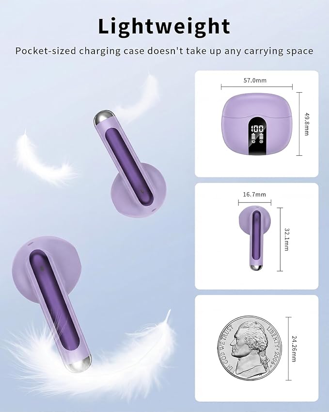Wireless Earbuds, 2026 Bluetooth 5.4 Headphones Bass Stereo Ear Buds with Noise Cancelling Mic, LED Display in Ear Earphones 50H Playtime Ear Buds, IP7 Waterproof for Laptop Pad Phones Purple