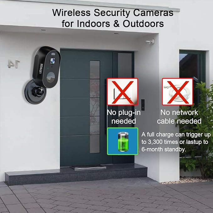 LETSCEE Cameras for Home Security Outdoor Indoor,Security Cameras Wireless Outdoor Battery Rechargeable WiFi,2K Night Vision, Motion Detection,No Month fee SD Card/Cloud Storage,Weather Proof