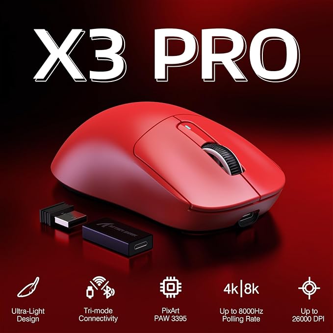 ATTACK SHARK X3PRO 4K/8K Lightweight Wireless Gaming Mouse with Tri-Mode(Wired/2.4GHz/BT),PAW3395 Optical Sensor,26K DPI,Kailh GM8.0 Switch,Long Battery,7 Buttons for PC/Laptop/Win/Mac(Red)