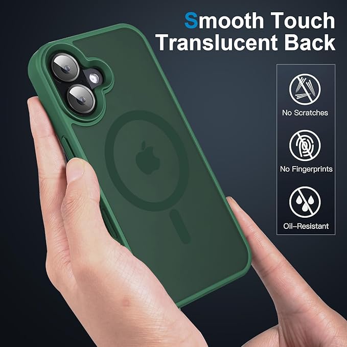 Magnetic Case for iPhone 16 Case [10FT-Grade Drop Tested & Compatible with MagSafe] Translucent Anti-Fingerprint Shockproof Protective Cover 6.1 Inch,Dark Green