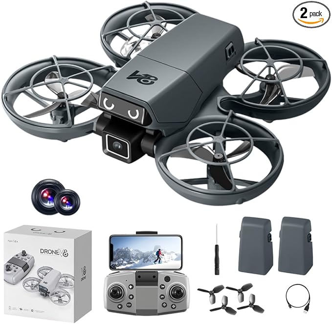 Mini RC Drone With Camera, Made Of Durable ABS Material And Featuring A Full-Guard Propeller Design To Effectively Reduce Collision Risks. Equipped With Cool LED “Eye” Lights And Flashing Tail Lights. Supports Intelligent Obstacle Avoidance, Optical Fl...