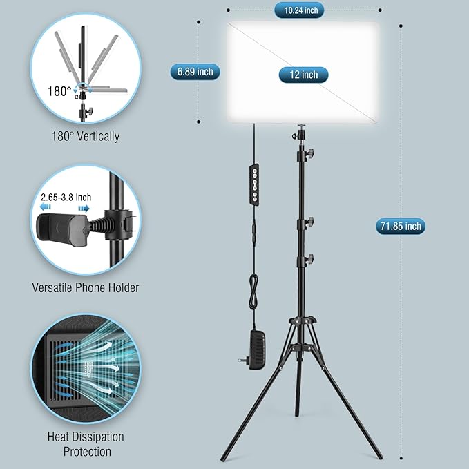 2-Pack LED Video Light Kit with 63'' Tripod Stand, 2500K-8500K Dimmable Studio Light Photography Panel Lighting for Video Recording Game Live Streaming Podcast YouTube Filming, Phone Holder