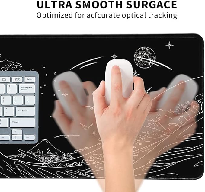 MEWOOCUE® Large Gaming Mouse Pad for Computer,Black Japanese Sea Wave Anime Mouse Mat,Long XXL Waterproof Keyboard Pads,Big Non-Slip Mouse Pads for Game Office Home（31.5 x 11.9 in）