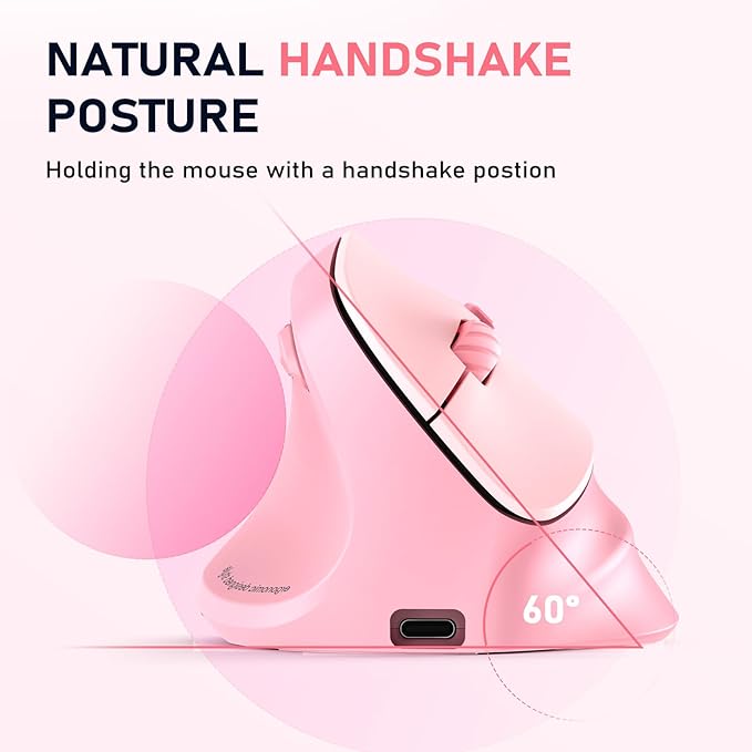 MEETION Left-Handed Mouse, Ergonomic Mouse Wireless Vertical Mouse, RGB Mice for Bluetooth(5.2 + 3.0) & USB-A with Type-c Adapter 4 Adjustable DPI for Mac/Windows/Tablet/iPad/PC Pink