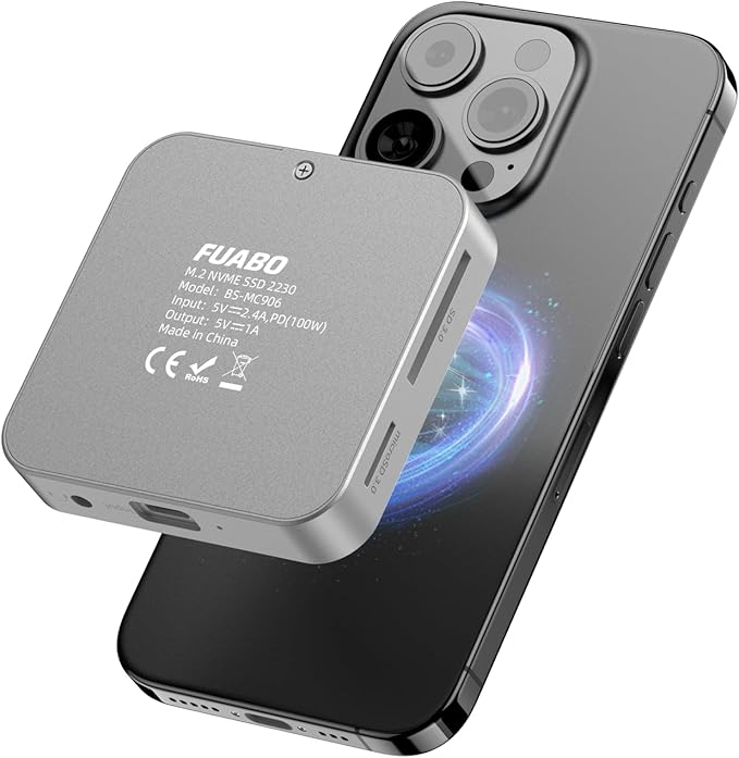 Magnetic M.2 NVMe SSD Enclosure & USB C Docking Station for iPhone MagSafe Portable SSD case, Magnetic External SSD &USB HUB 4K@60Hz HDMI, 10Gbps 100W PD Charging Compatible with iPhone 16