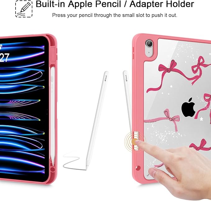 Tuiklol for iPad Pro 12.9 Inch 6th/5th/4th/3rd Generation 2022 2021 2020 2018 Case,Built-in Pencil Holder Clear Transparent Protective Back Shell Cover with Auto Sleep/Wake, Bow-Watermelon Red