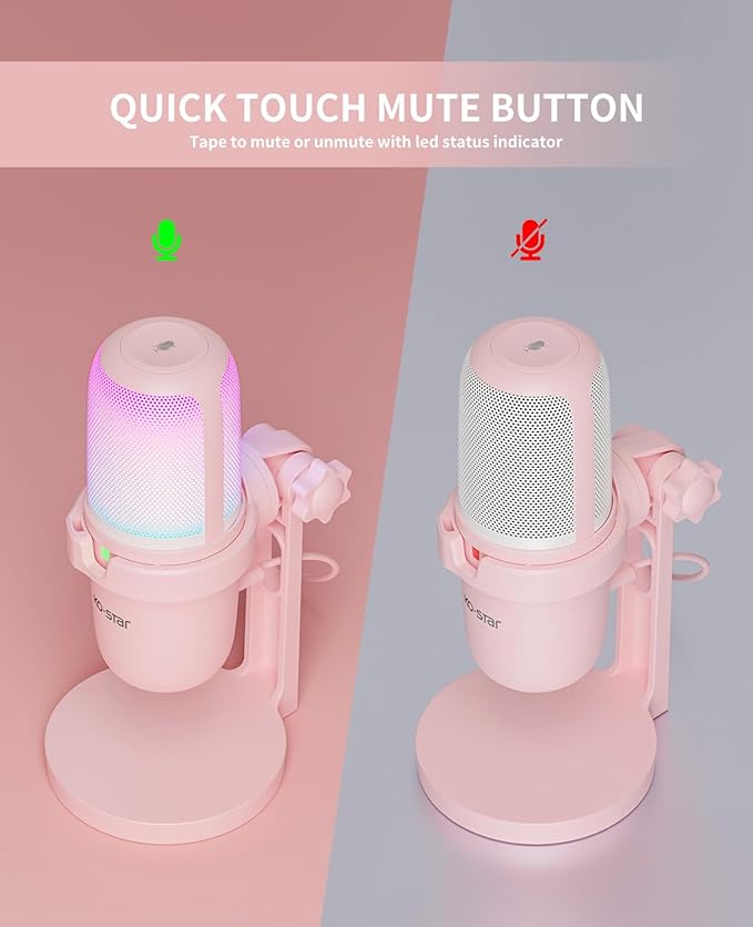 USB Streaming Gaming Microphone, PC Condenser Desktop Mic for Video, Home use, YouTube, with RGB Control, Gain Knob, 3.5mm Headphone Jack, Shock Mount, on Computer/PS5 - Pink
