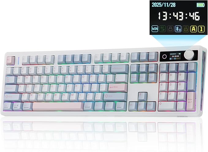 EPOMAKER TH108 V2 PRO Full Size Mechanical Keyboard with Screen&Knob, 10000mAh, BT/2.4Ghz, Mac Modifier PBT Keycap, Hot Swap, RGB, Gasket, Wireless Gaming Keyboard for Mac/PC (Blue, Creamy Jade)