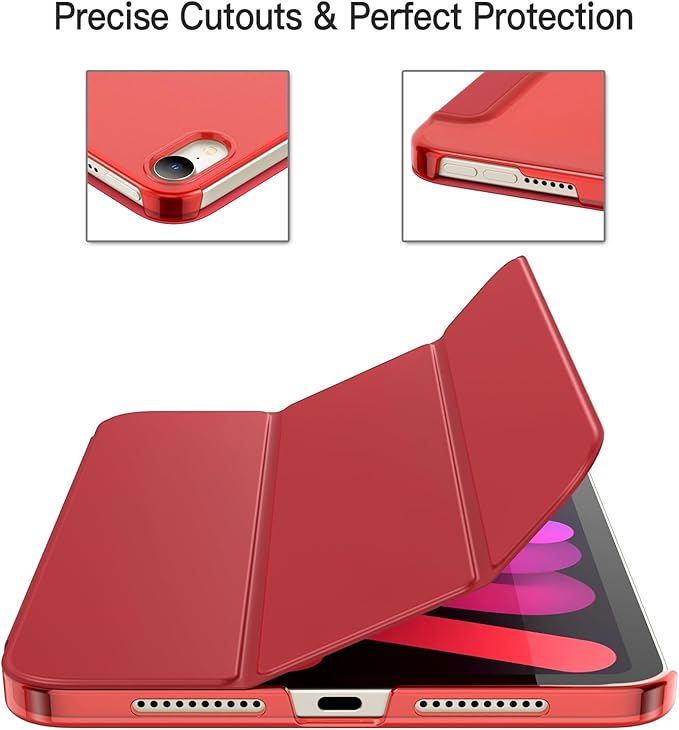 JETech Case for iPad mini (A17 Pro, 2024 Model, 7th Generation) / mini 6 (2021 Model, 6th Generation), Slim Stand Hard Back Shell Smart Cover with Auto Wake/Sleep (Red)