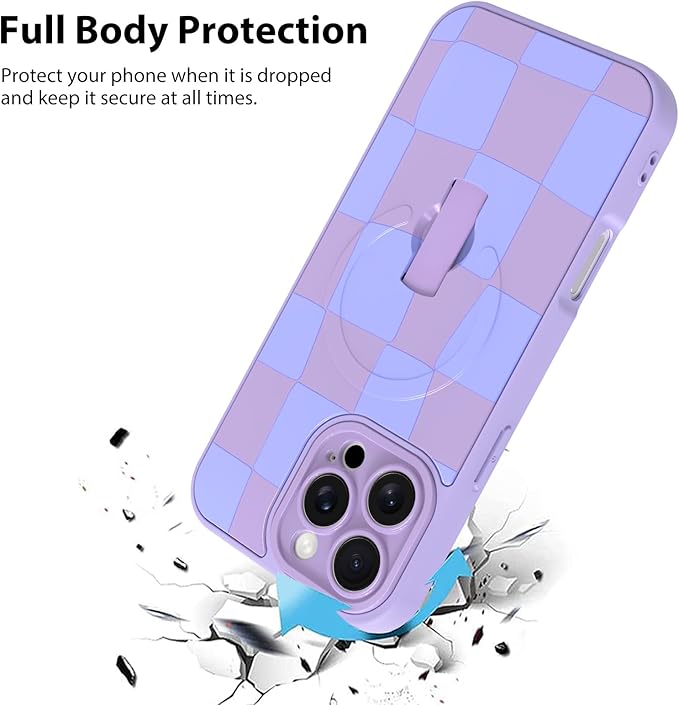 KANGHAR Compatible with iPhone 16 Pro Max Case, Support for MagSafe, Silicone Checkered Cute Pattern, Wristband Kickstand Camera Protection Soft Slim Cover for Girls Women -Purple