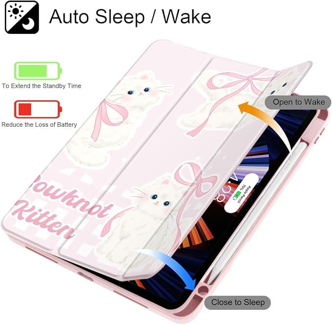 May Chen Case for iPad Pro 11-Inch M5/M4 2025/2024 (6th/5th Generation), Clear Transparent Print Back Shell Slim Stand Shockproof Tablet Cover, Auto Wake/Sleep, Bowknot Kitten