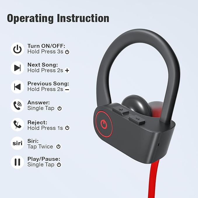 JOYWISE Bluetooth Headphones Wireless Earbuds 16H Playtime Wireless Headphones IPX7 Waterproof Bluetooth 5.3 Running Ear Buds with Mic Stereo in Ear Earphones Sound Isolation for Workout, Sports Red