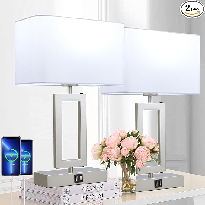 BrightWe Table Lamp Set of 2 Lamps for Bedroom, Touch Control Table Lamps with 2 USB Ports, 3-Way Dimmable Bedside Nightstand Lamps, Silver&White Lamp for End Table Living Room Modern