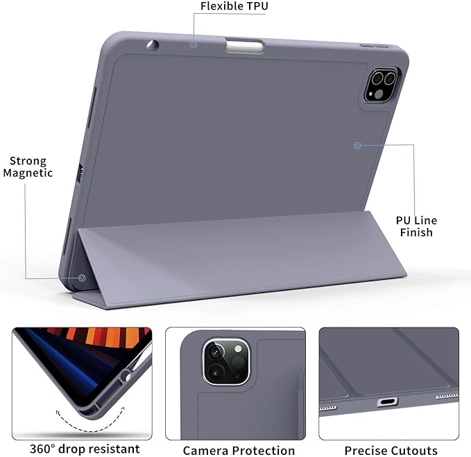 kenke Case for iPad Pro 11 Inch 4th/3rd/2nd Generation (2022/2021/2020) with Pencil Holder, Slim Trifold Smart Cover with Soft TPU Back, Support 2nd Gen Pencil Charging, Auto Sleep/Wake, Purple
