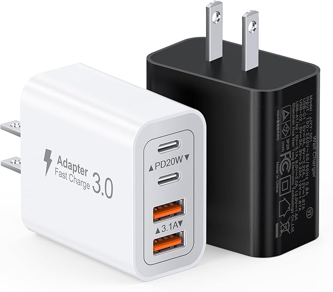 [2-Pack] 40W USB C Charger Block, 2-Pack 4-Port Type C Fast Charging Brick Dual PD&QC Wall Plug Adapter Power Brick for iPhone 13/14/15/16/17/Pro Max/Plus/iPad/Airpods/iwatch/Samsung Galaxy
