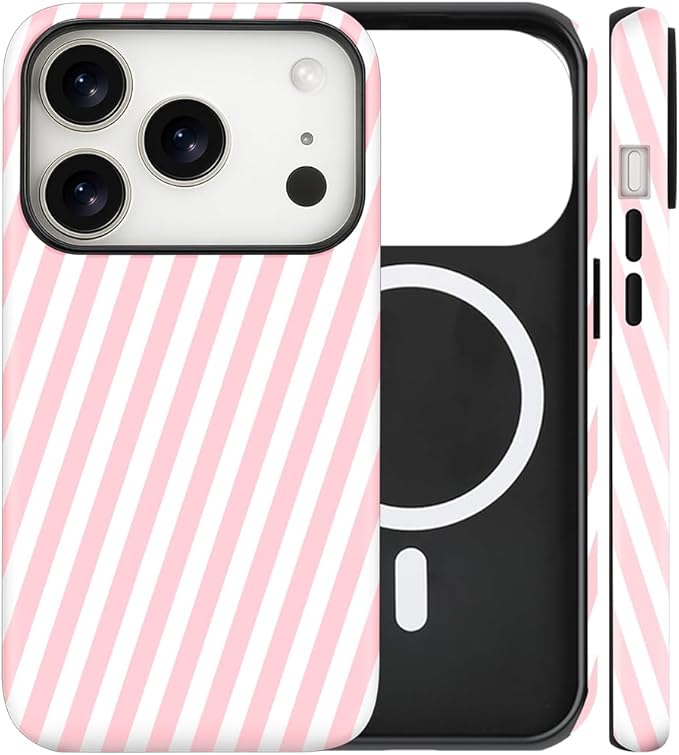 Magnetic for iPhone 17 Pro Case Cute Diagonal Stripes Phone Case, Shockproof Slim TPU and Hard PC Protective Phone Cover Compatible with MagSafe Designed for Women Girls,Pink