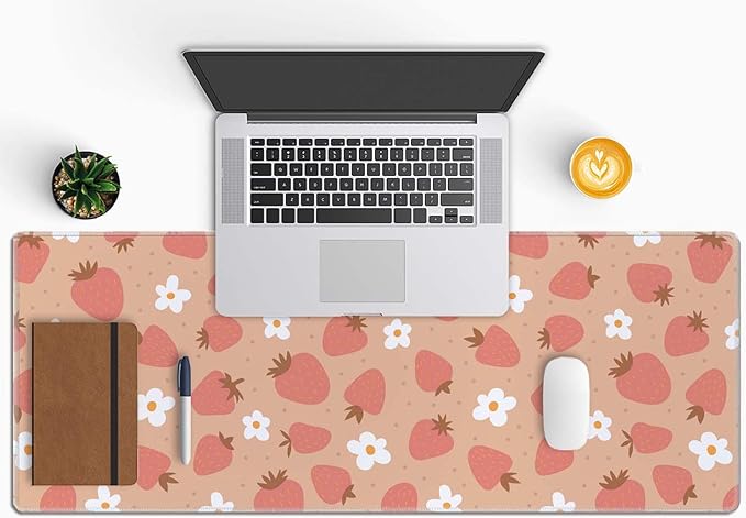 Strawberry and Daisy Pattern Desk Pad Pink Large Mouse Pad Gaming Mousepad Extended XL Keyboard Pad 31.5 x 11.8 in Laptop Computer Mouse Keyboard Mat for Office Desk Decor
