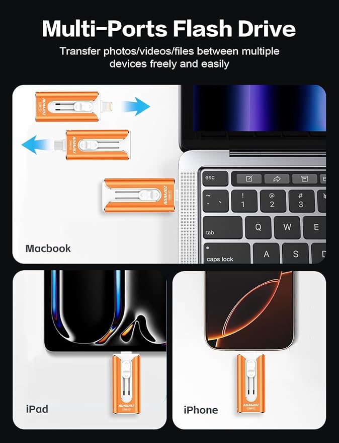 512GB Mini Dual Interface Flash Drive, Portable Memory Stick Compatible with iPhone 17/16/15/14/13/12/11, iPad, Android & PC, Easy to Save Photos, Videos & Files (1 Pack-Cosmic Orange)