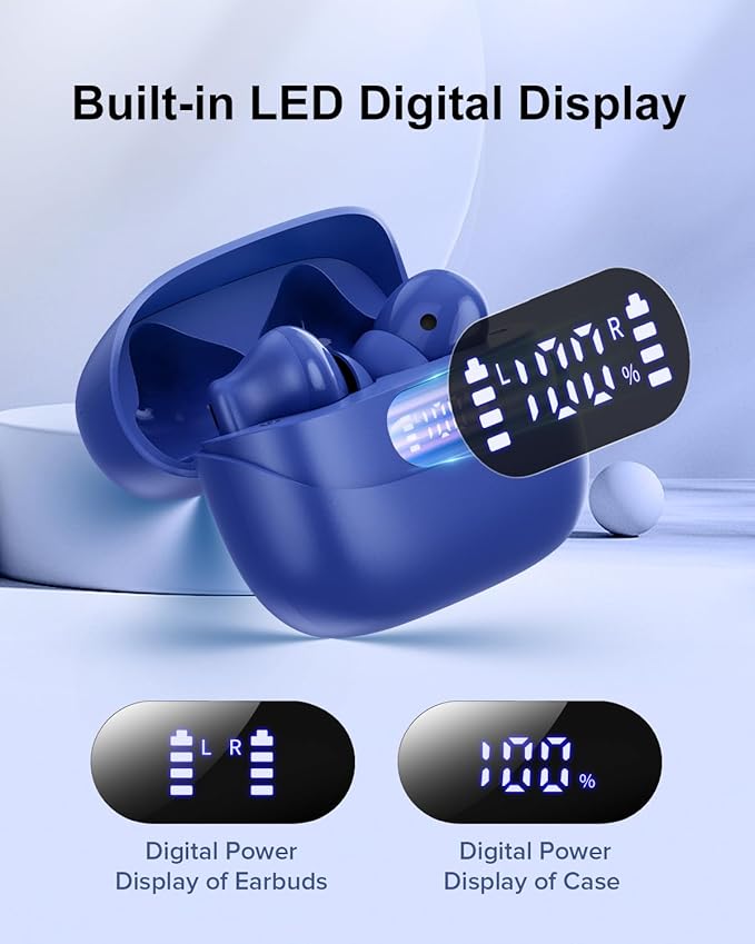 Wireless Earbuds, 42H Playtime Bluetooth 5.3 Headphones, HiFi Stereo Call Noise Cancelling Earbuds, IPX7 Waterproof Stereo in-Ear Earphones with LED Display for iOS Android (Ocean Blue)