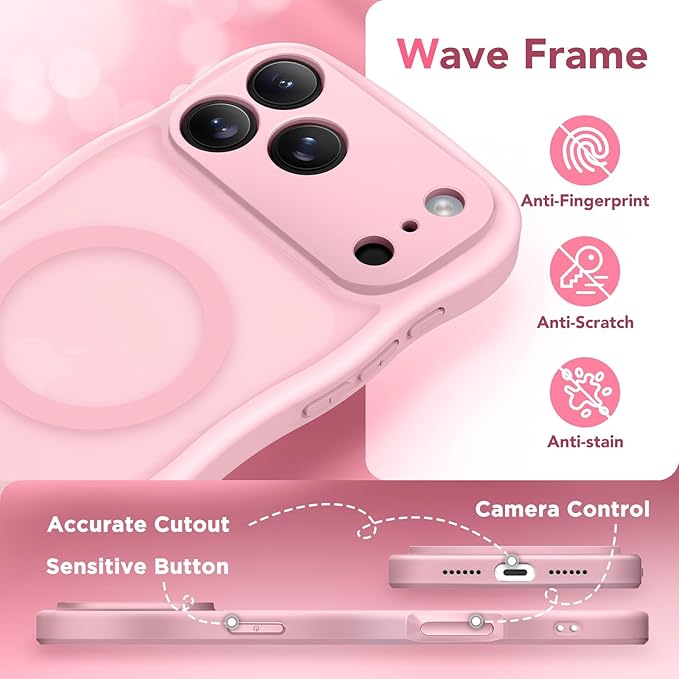CAPRARO Magnetic for iPhone 17 Pro Max Case for Women Girls, Upgraded [Full Camera Protection] [Compatible with MagSafe] Cute Wave Translucent Matte Phone Case for iPhone 17 Pro Max, Peach Pink