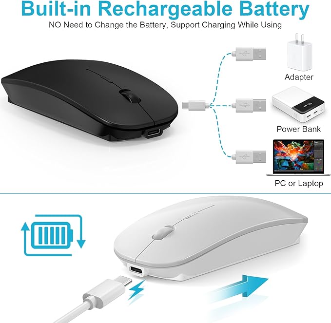 Normdecos Mouse for MacBook Wireless Bluetooth Mouse Laptop MacBook Air Mac Pro Rechargeable Silent PC iPad Optical Mice with Dual Mode Switch Bluetooth 5.2/3.0 and 2.4GHz USB Type-C Receiver Gray