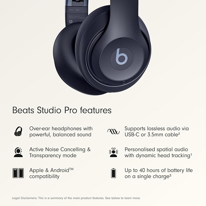 Beats Studio Pro Premium Wireless Over-Ear Headphones- Up to 40-Hour Battery Life, Active Noise Cancelling, Great for Travel & Commuting, USB-C Lossless Audio, Apple & Android Compatible - Navy